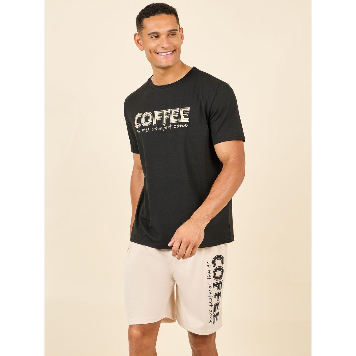 Styli Unwind Coffee Slogan Print Crew Neck T-shirt and Short Set-men-clothing-nightwear-sets-image-1