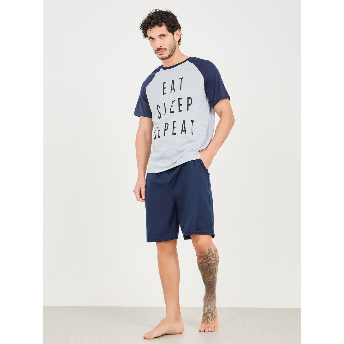 Styli Unwind Eat Sleep Repeat Print Crew Neck T-shirt and Short Set-men-clothing-nightwear-sets-image-1