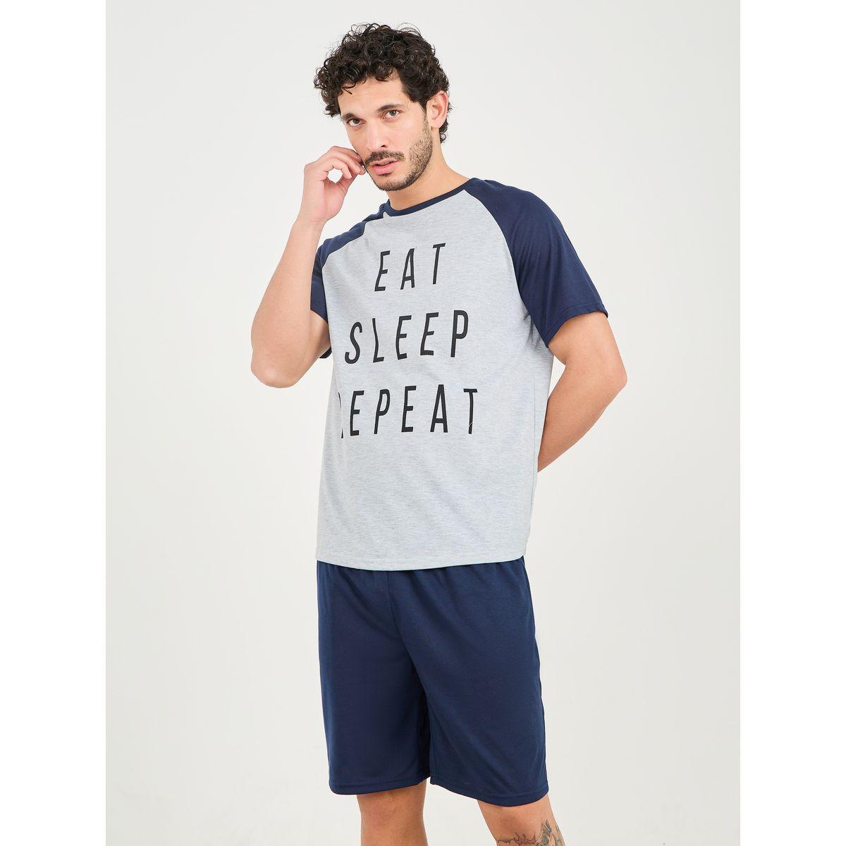 Styli Unwind Eat Sleep Repeat Print Crew Neck T-shirt and Short Set-men-clothing-nightwear-sets-image-2