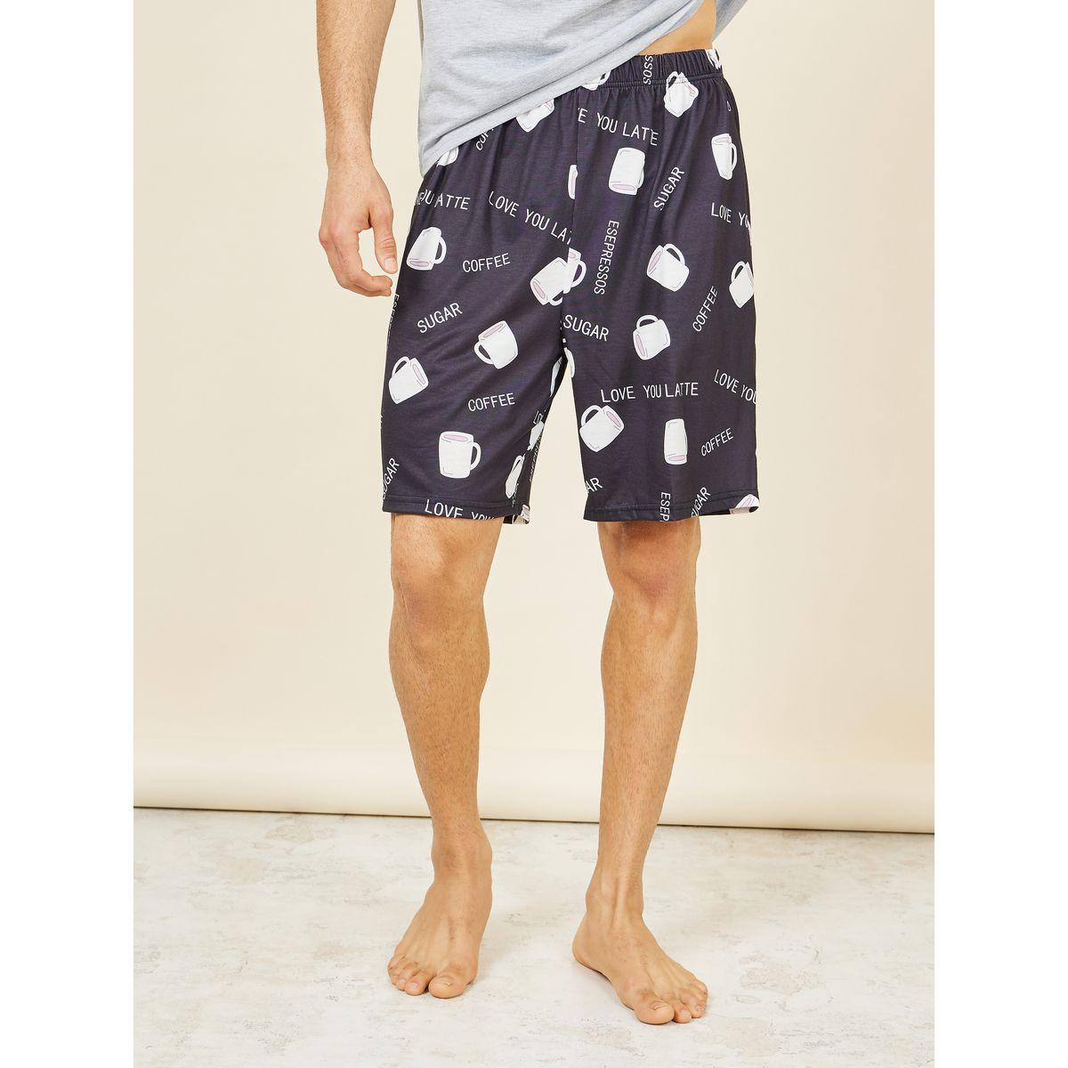 Styli Unwind Contrast Slogan Print Pocket Crew Neck T-shirt and Coffee AOP Short Set-men-clothing-nightwear-sets-image-4