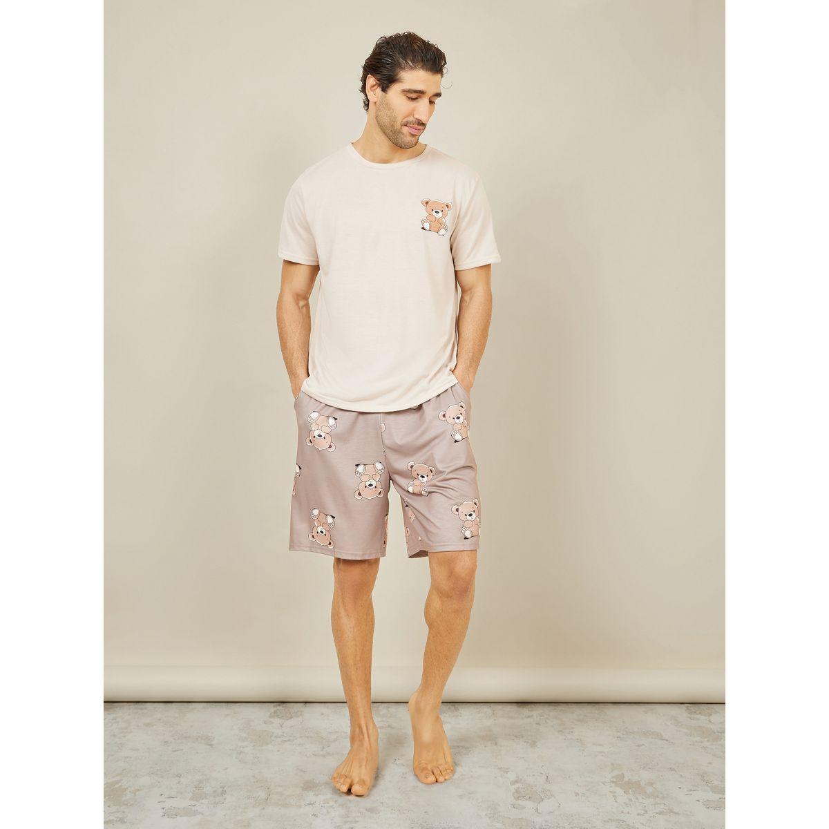 Styli Unwind Teddy Print Crew Neck T-shirt and AOP Short Set-men-clothing-nightwear-sets-image-1
