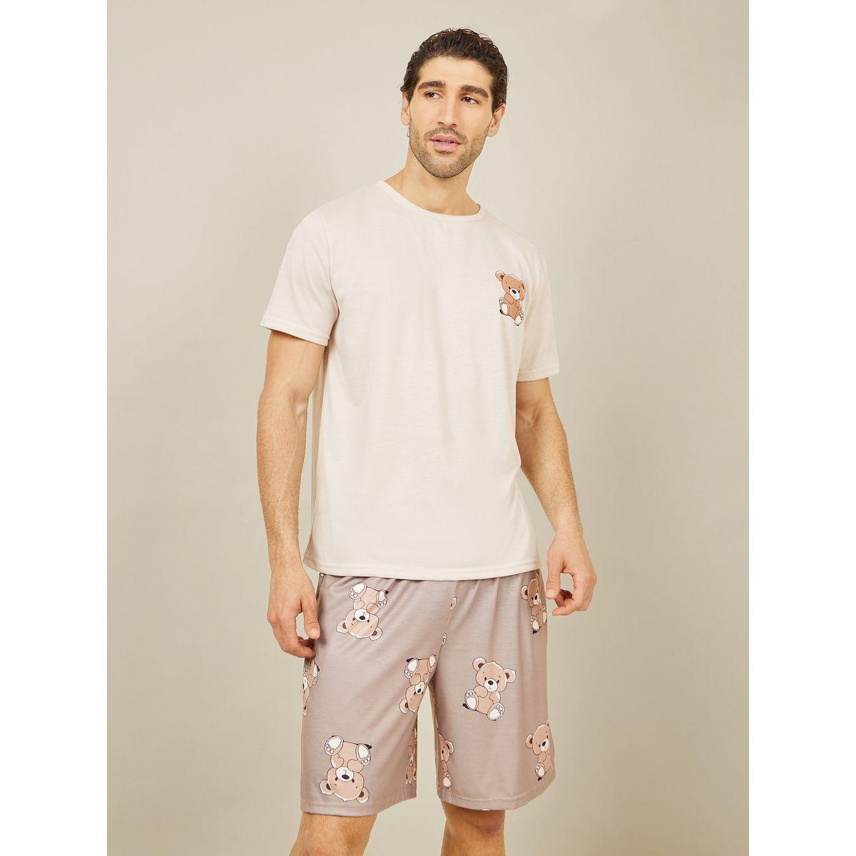 Styli Unwind Teddy Print Crew Neck T-shirt and AOP Short Set-men-clothing-nightwear-sets-image-2