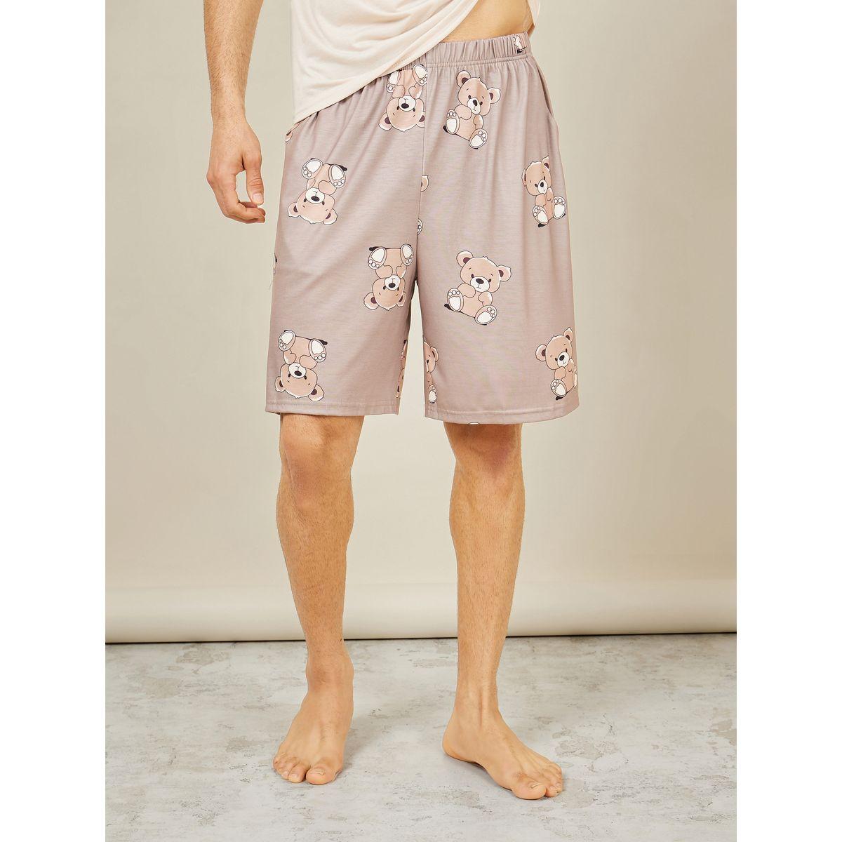 Styli Unwind Teddy Print Crew Neck T-shirt and AOP Short Set-men-clothing-nightwear-sets-image-4