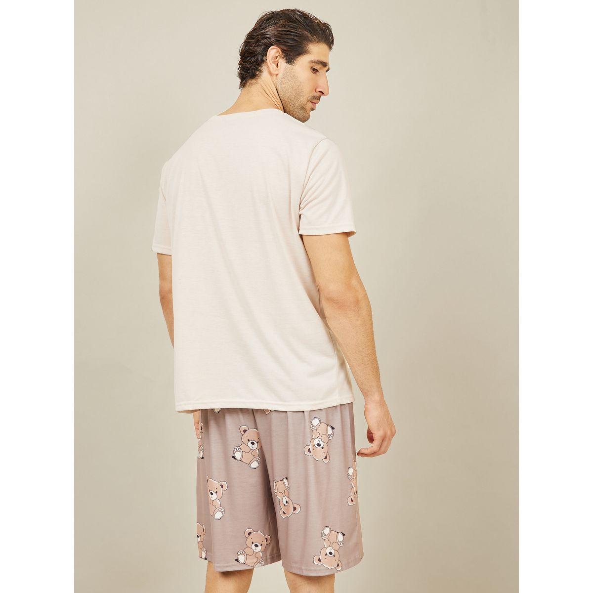 Styli Unwind Teddy Print Crew Neck T-shirt and AOP Short Set-men-clothing-nightwear-sets-image-5