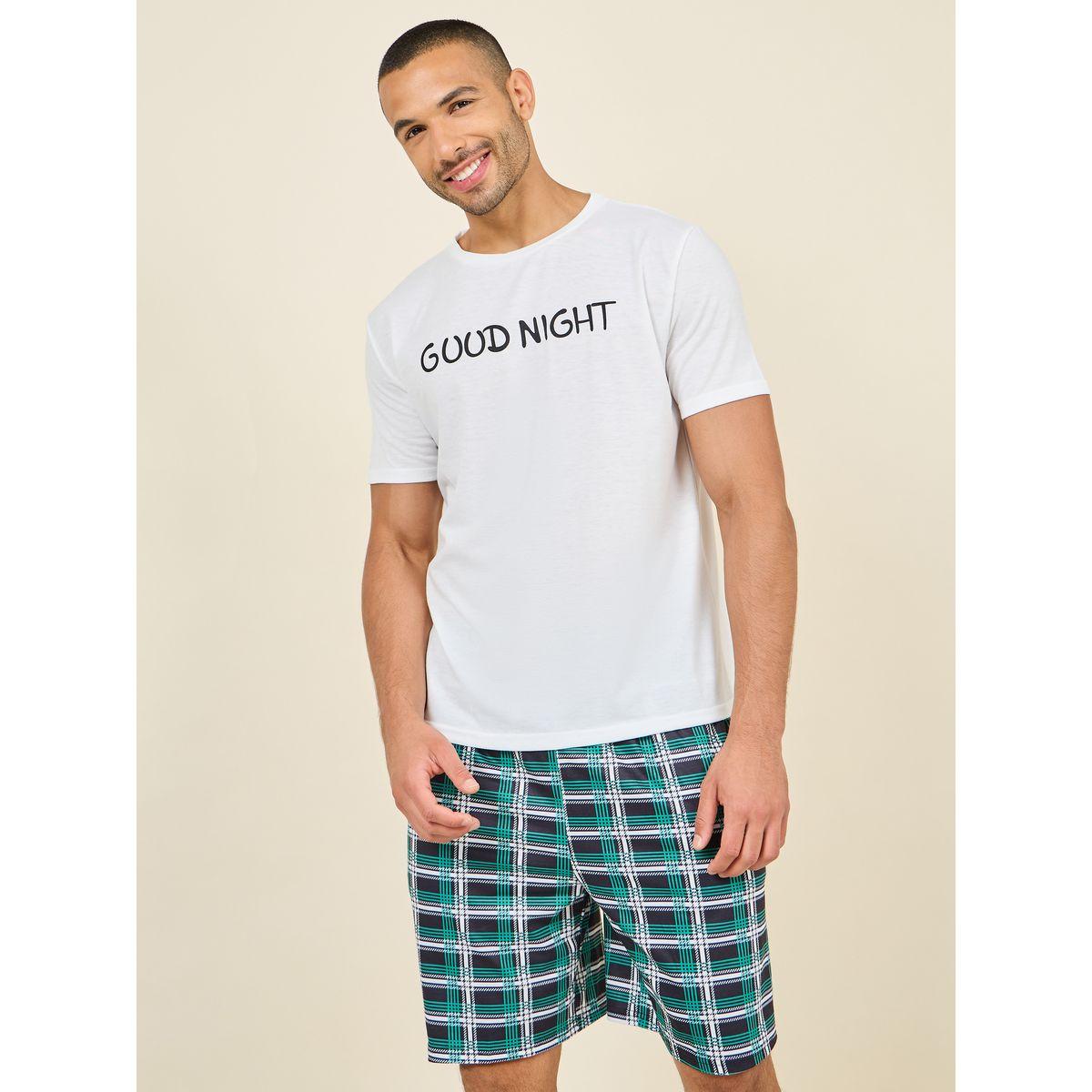 Styli Unwind Good Night Print Crew Neck T-shirt and Checkered Short Set-men-clothing-nightwear-sets-image-1