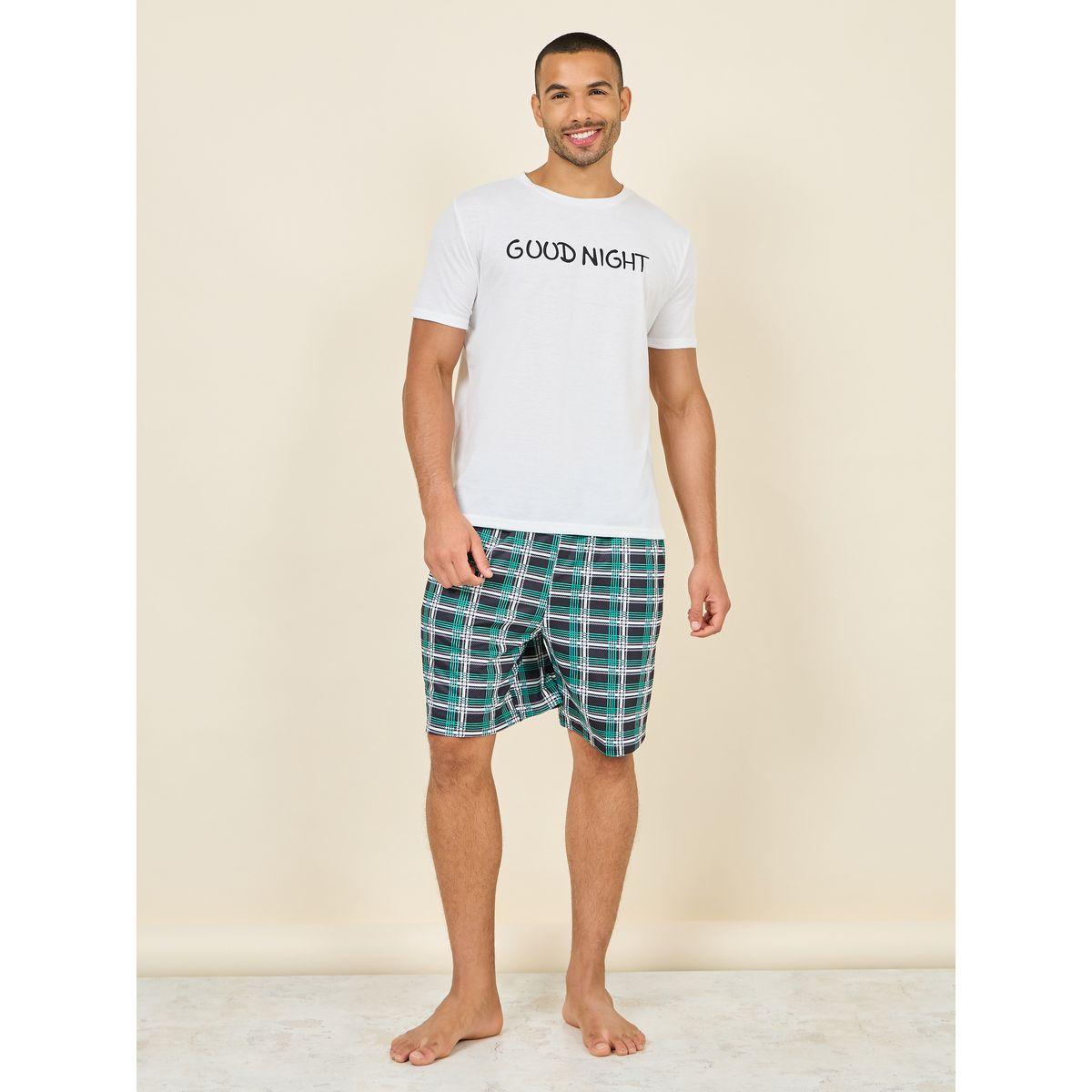 Styli Unwind Good Night Print Crew Neck T-shirt and Checkered Short Set-men-clothing-nightwear-sets-image-2