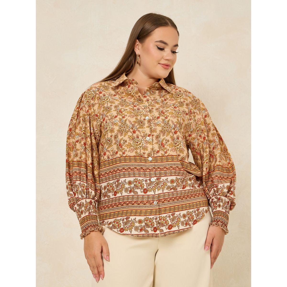 Styli Plus Floral Print Regular Fit Shirt with Cuffed Sleeves-women-clothing-shirtsandblouses-shirts-image-1
