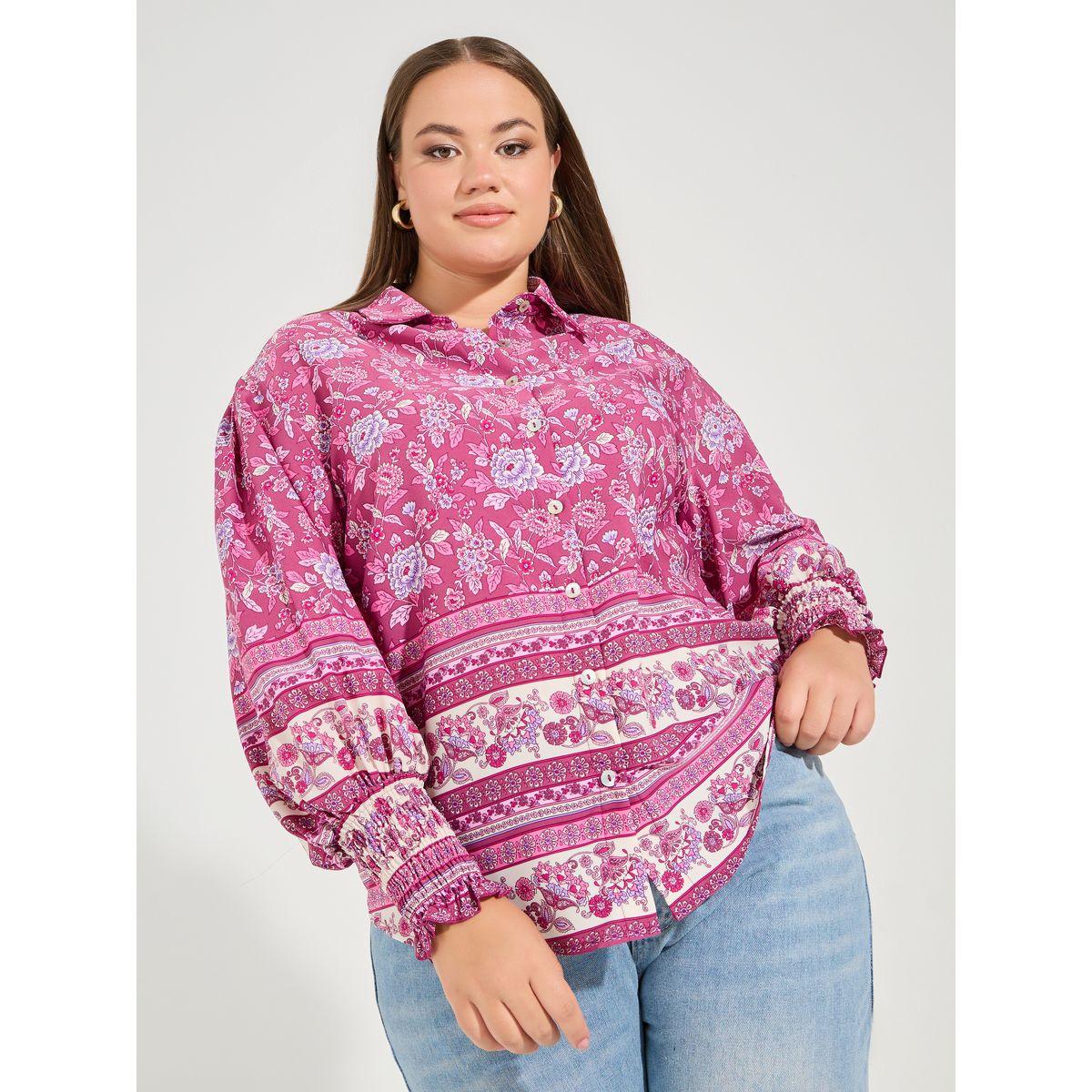Styli Plus Size Floral Print Shirt with Cuffed Sleeves-women-clothing-shirtsandblouses-shirts-image-1