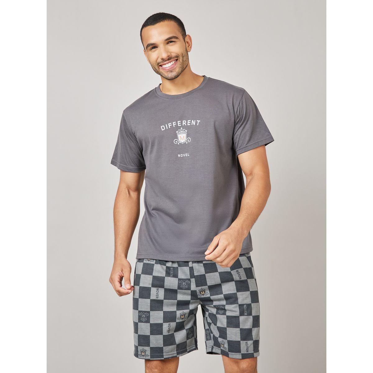 Styli Unwind Different Graphic Print Crew Neck T-shirt and Checkered Shorts Set-men-clothing-nightwear-sets-image-2