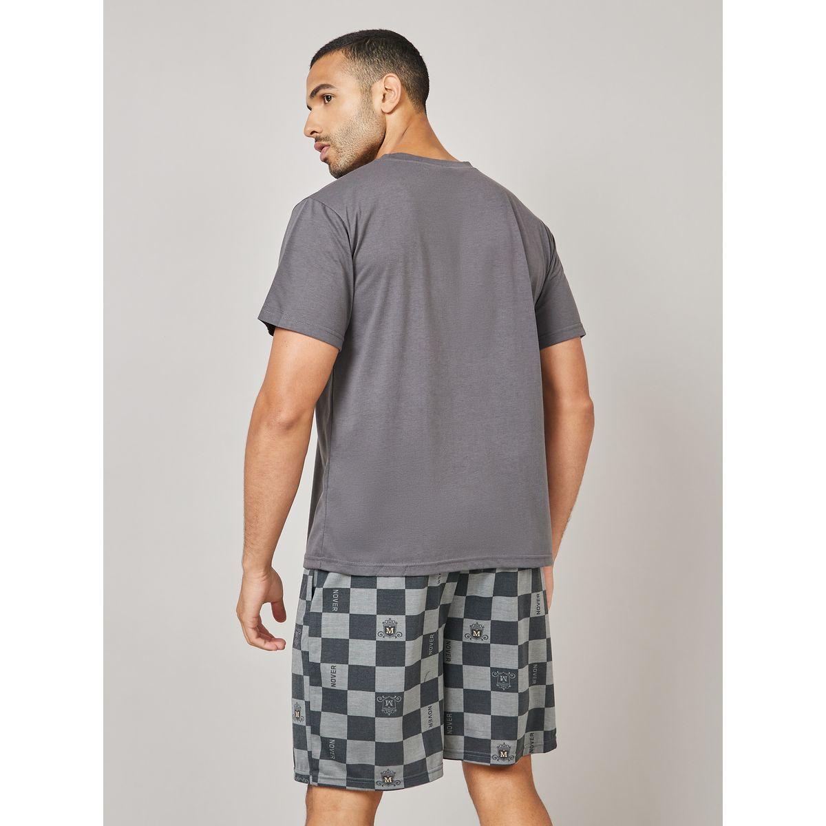 Styli Unwind Different Graphic Print Crew Neck T-shirt and Checkered Shorts Set-men-clothing-nightwear-sets-image-6
