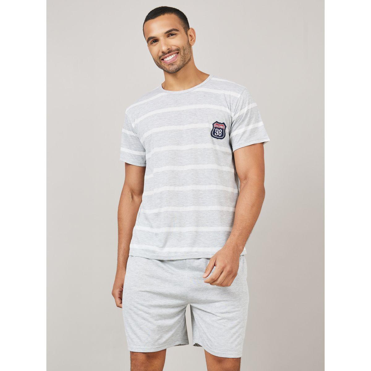 Styli Unwind Striped Crew Neck T-shirt and Short Set-men-clothing-nightwear-sets-image-1