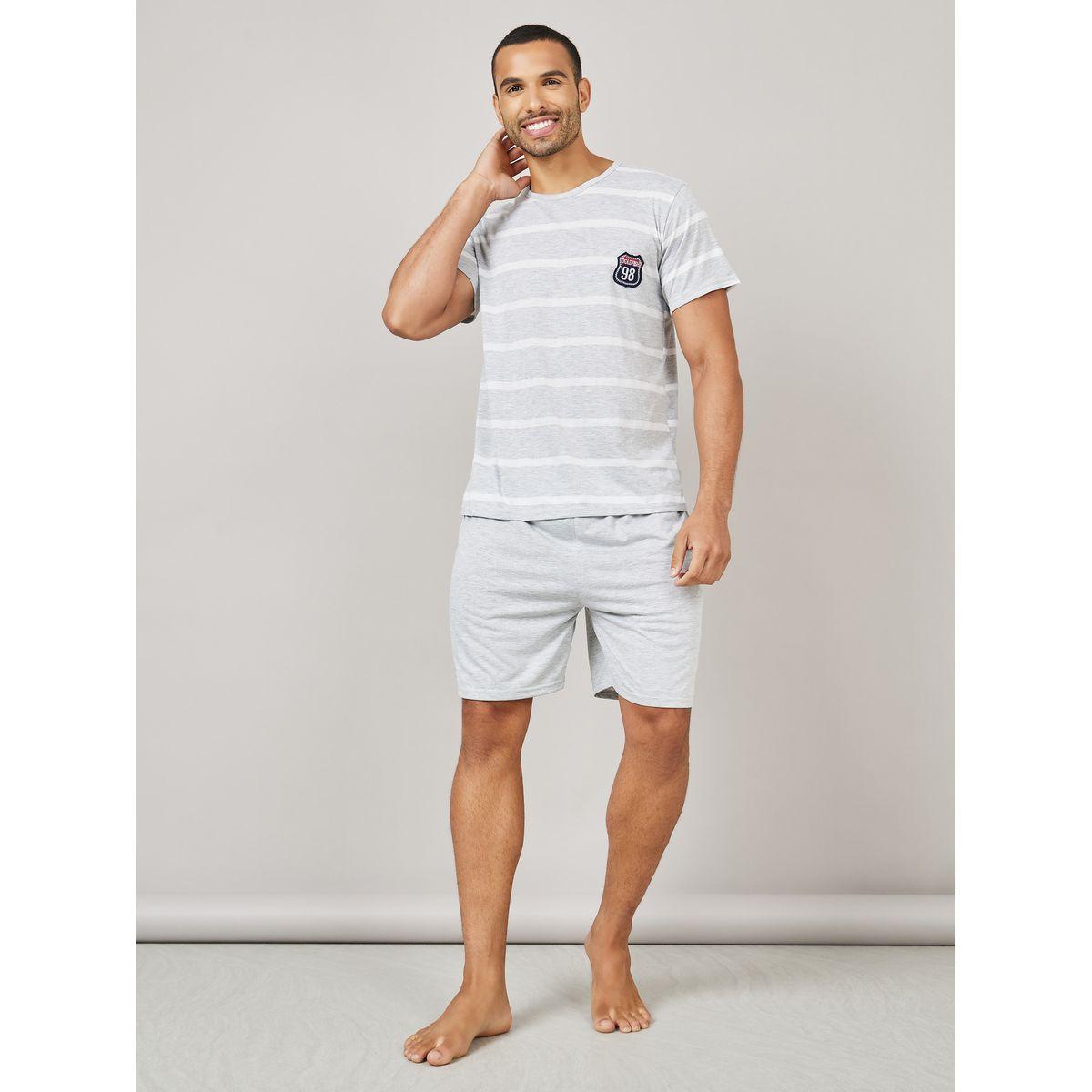 Styli Unwind Striped Crew Neck T-shirt and Short Set-men-clothing-nightwear-sets-image-2