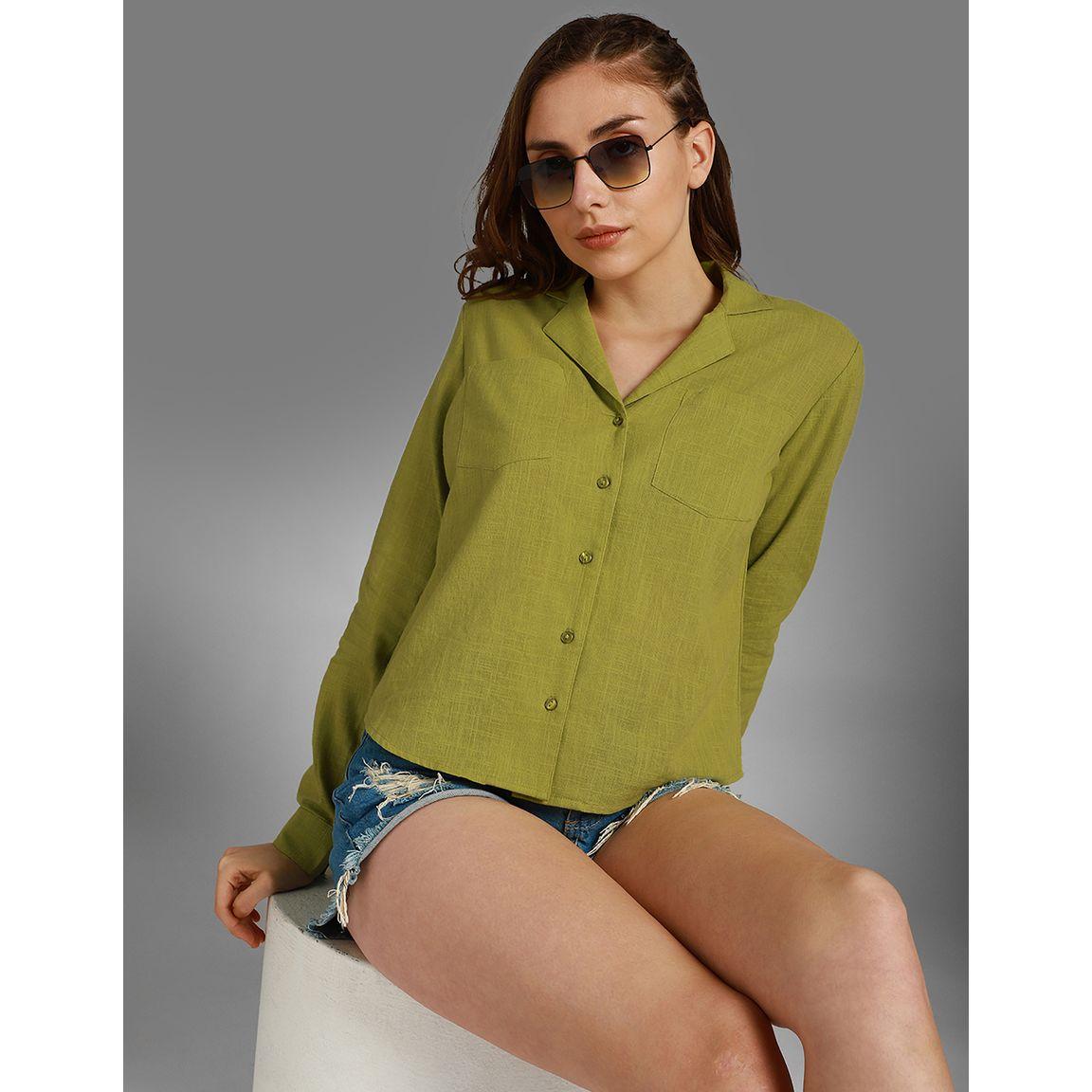 High Star Textured Cuban Collar Pocket Detail Shirt-women-clothing-shirtsandblouses-shirts-image-1