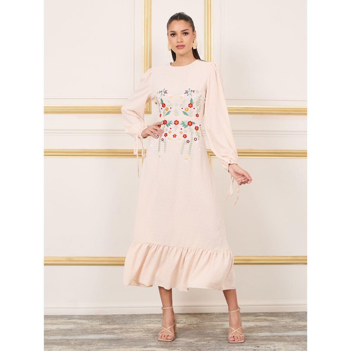 Styli Floral Embroidered Tie Sleeves A-line Maxi Dress-women-clothing-dresses-image-1