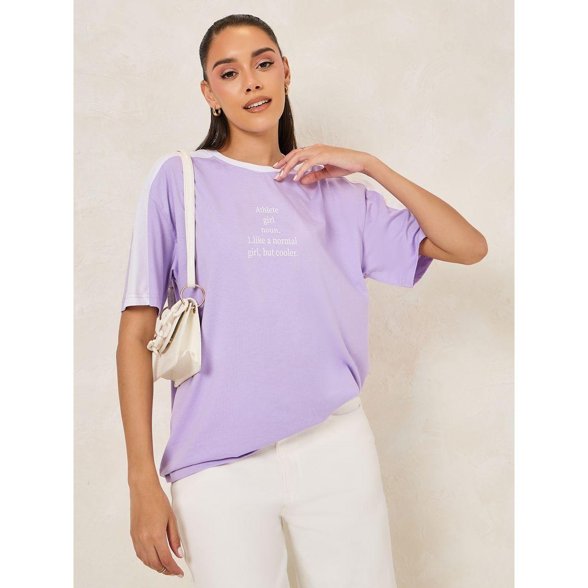 تيشيرت فضفاض بياقة دائرية وطبعة كتابة-women-clothing-tshirts-image-1