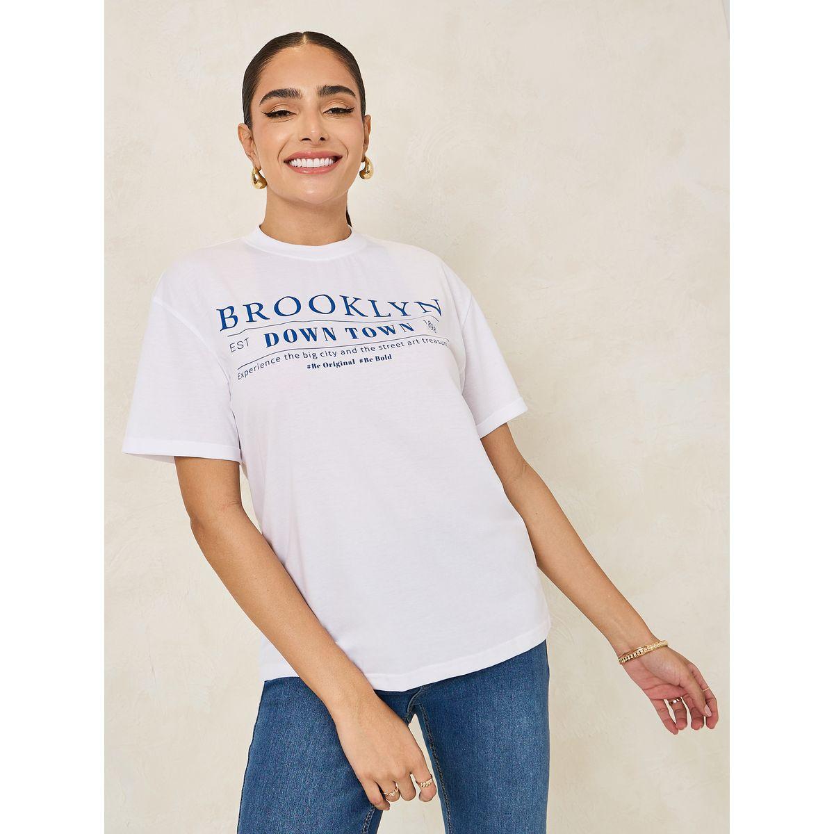 تيشيرت فضفاض مطبع بطبعة كتابة-women-clothing-tshirts-image-1