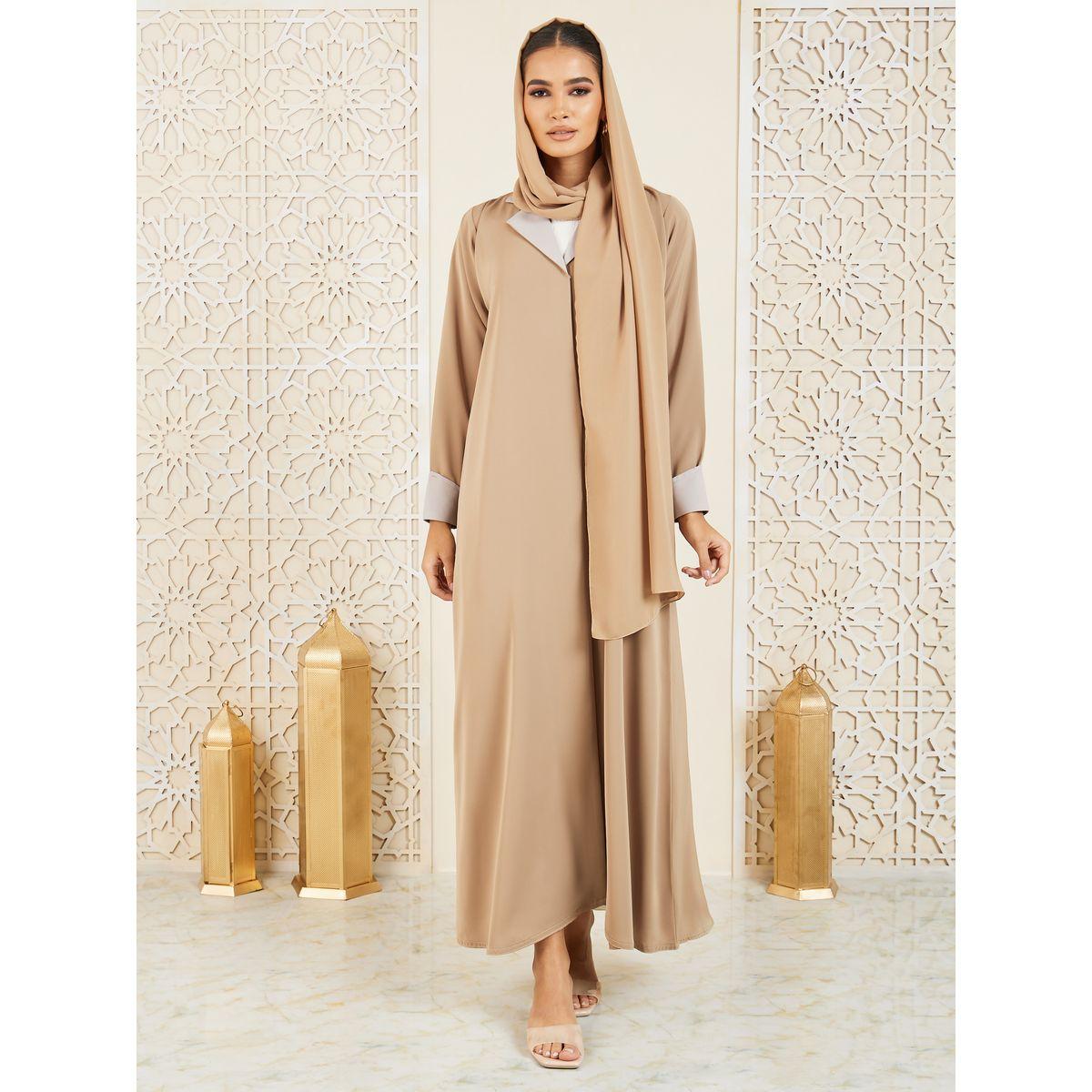Modiste X Styli  Contrast Cuff Collared Coat Style Abaya-women-arabicclothing-abayas-image-1