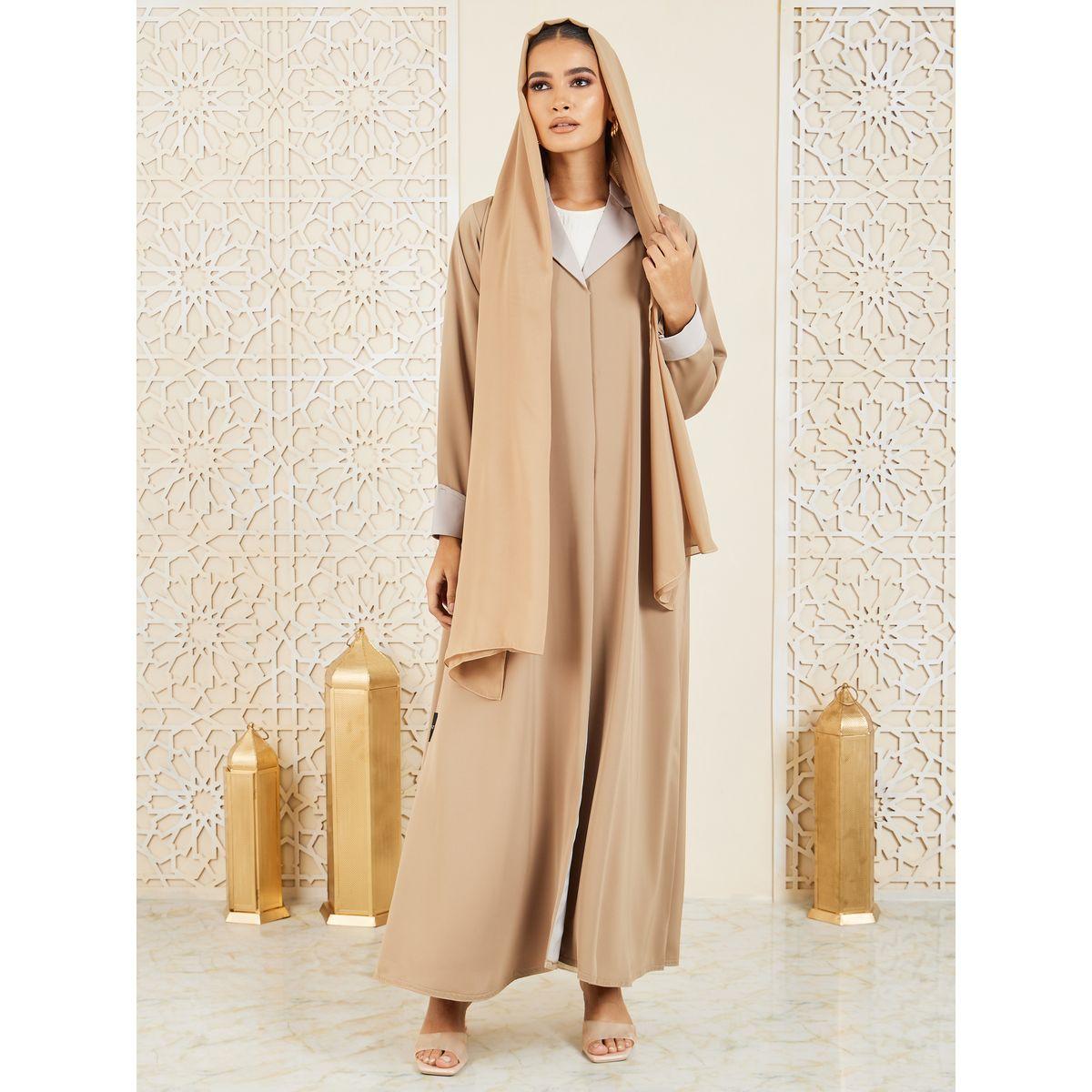 Modiste X Styli  Contrast Cuff Collared Coat Style Abaya-women-arabicclothing-abayas-image-3