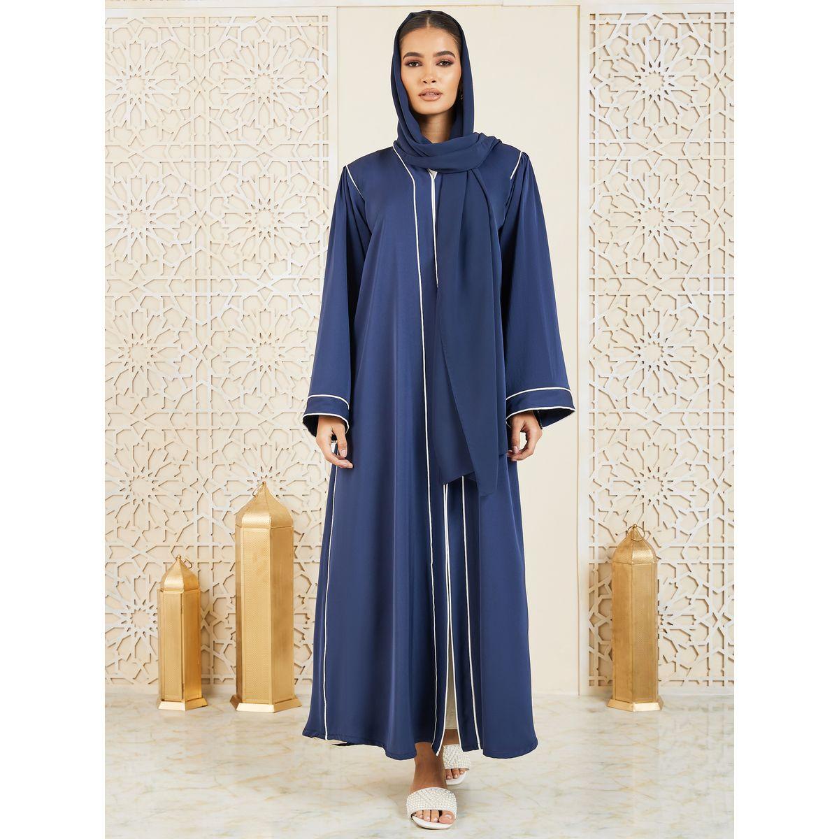 Modiste X Styli  Contrast Piped Detail Button Closure Abaya-women-arabicclothing-abayas-image-1