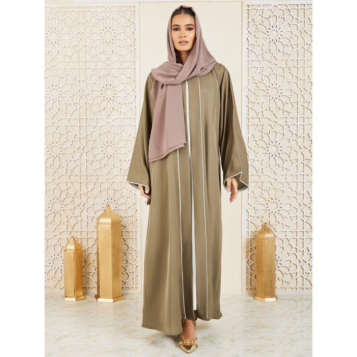 Modiste X Styli  Contrast Piped Detail Button Closure Abaya-women-arabicclothing-abayas-image-1