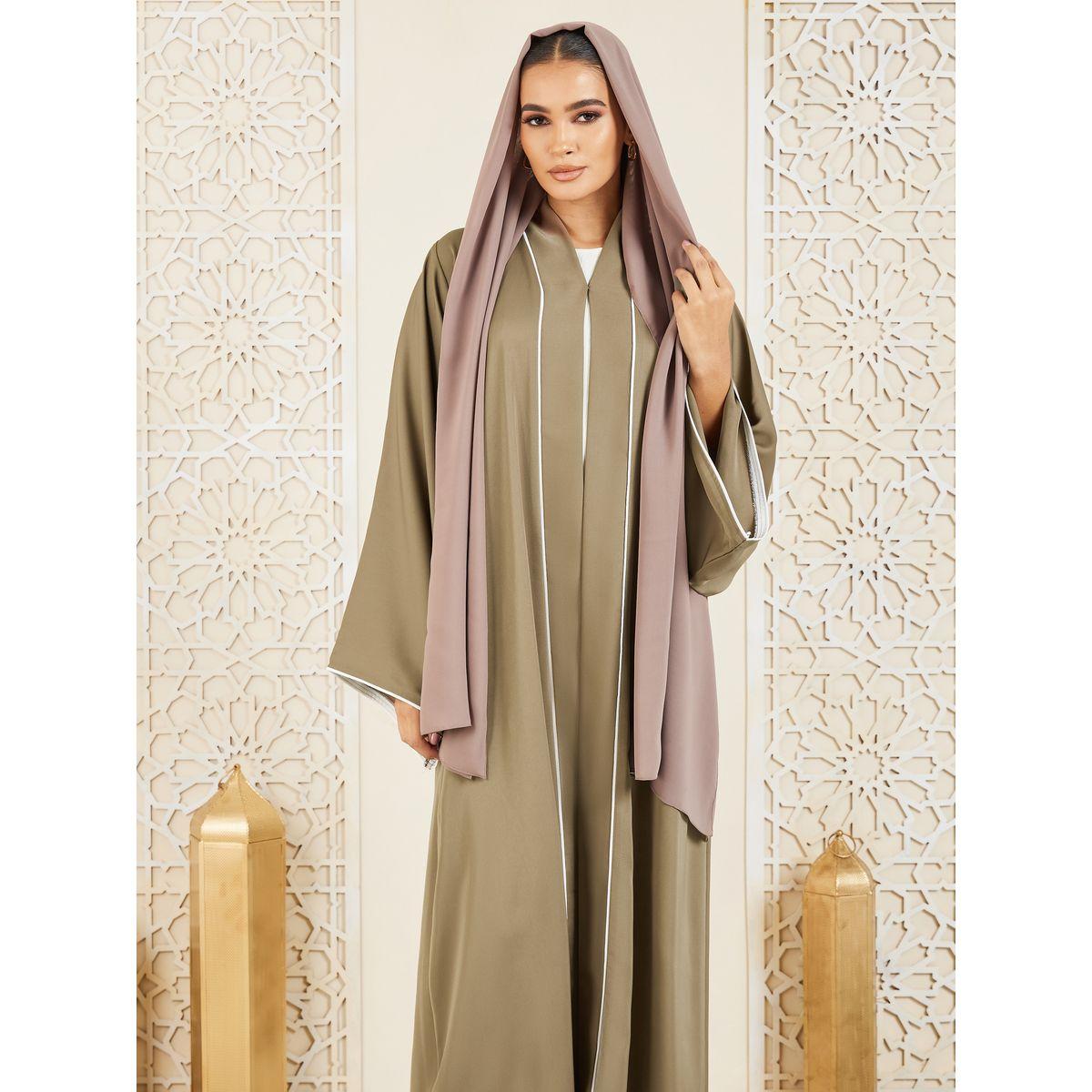 Modiste X Styli  Contrast Piped Detail Button Closure Abaya-women-arabicclothing-abayas-image-3