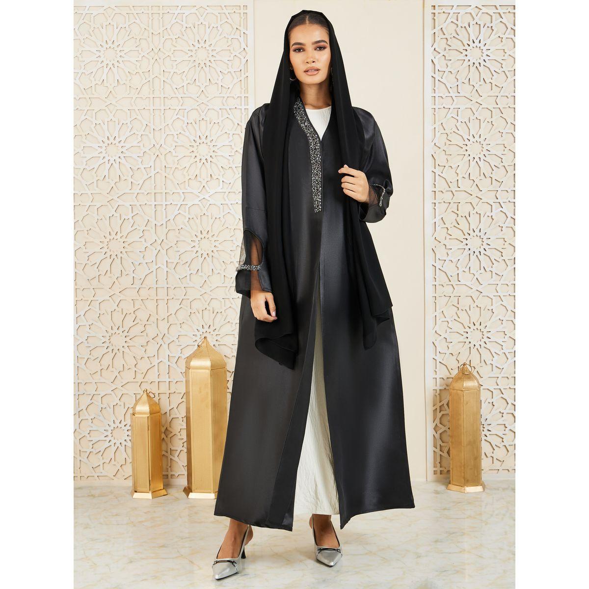 Modiste X Styli  Beaded Embellished Mesh Insert Button Closure Abaya-women-arabicclothing-abayas-image-2