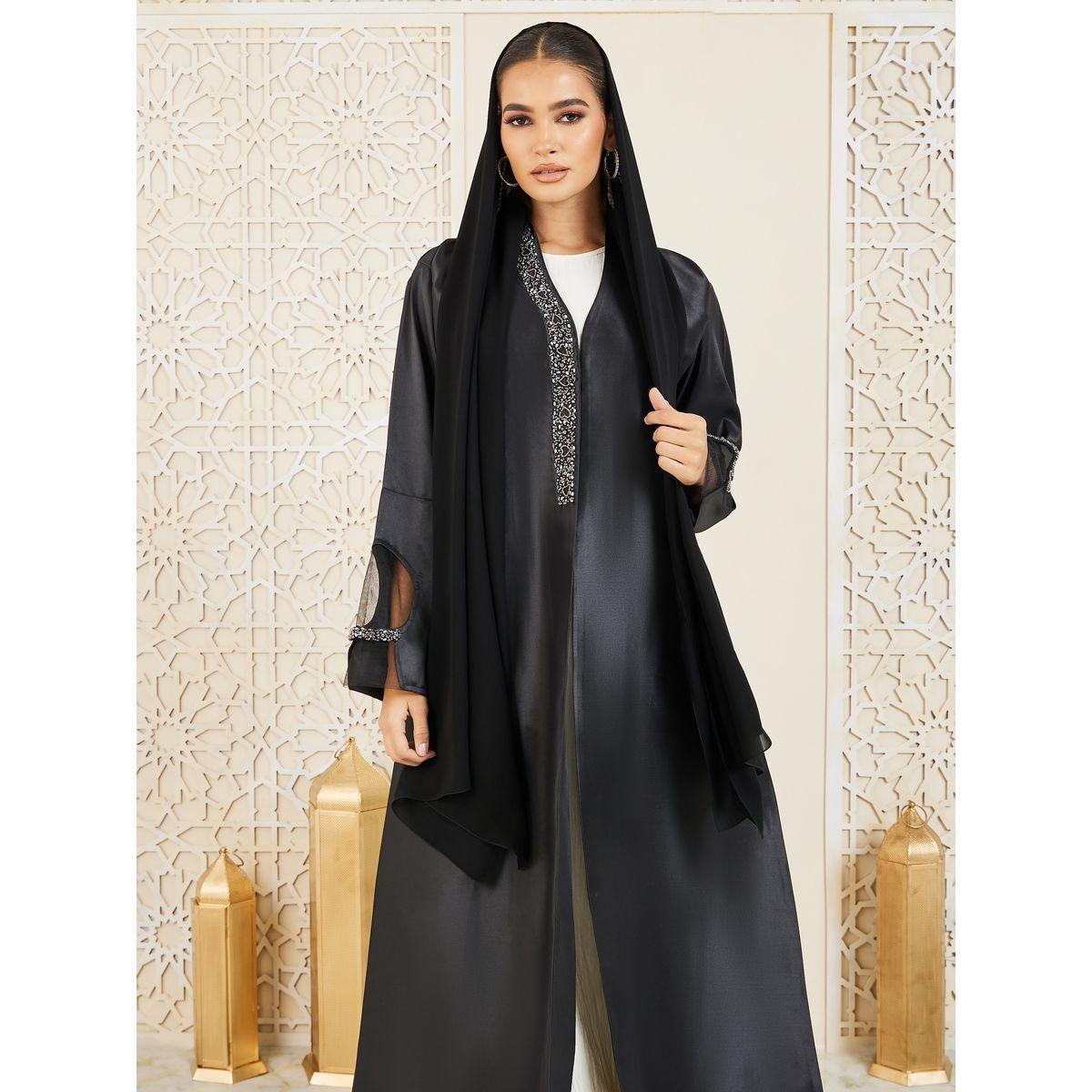 Modiste X Styli  Beaded Embellished Mesh Insert Button Closure Abaya-women-arabicclothing-abayas-image-3