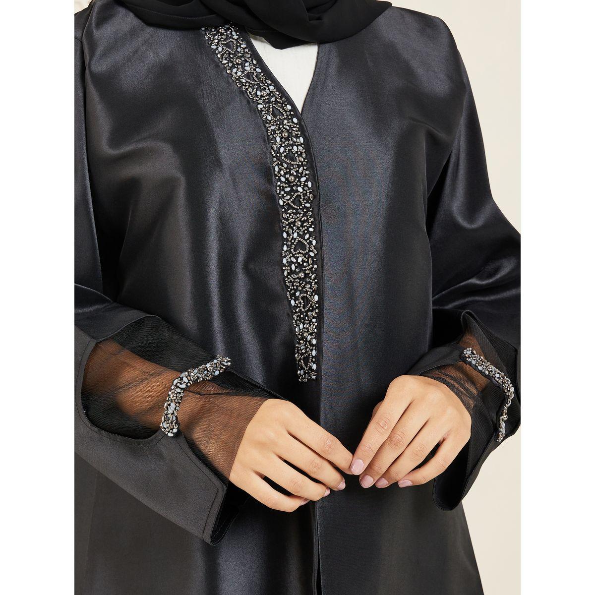 Modiste X Styli  Beaded Embellished Mesh Insert Button Closure Abaya-women-arabicclothing-abayas-image-4