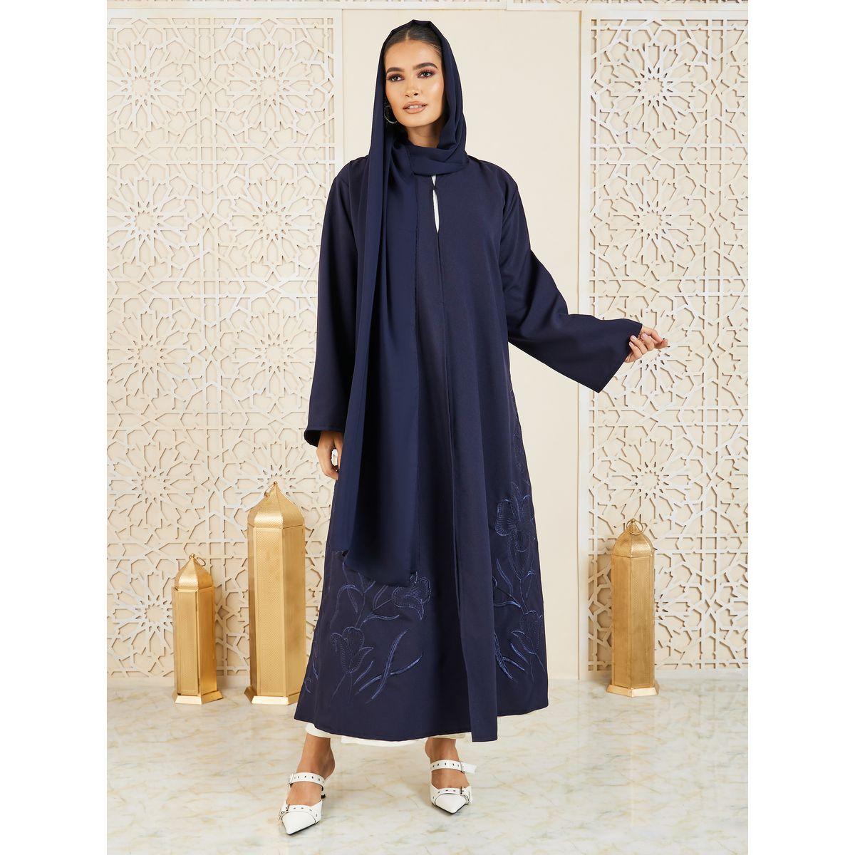 Modiste X Styli  Floral Thread Embroidered Open Front Abaya-women-arabicclothing-abayas-image-1