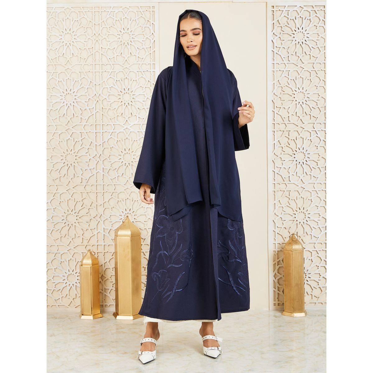 Modiste X Styli  Floral Thread Embroidered Open Front Abaya-women-arabicclothing-abayas-image-2