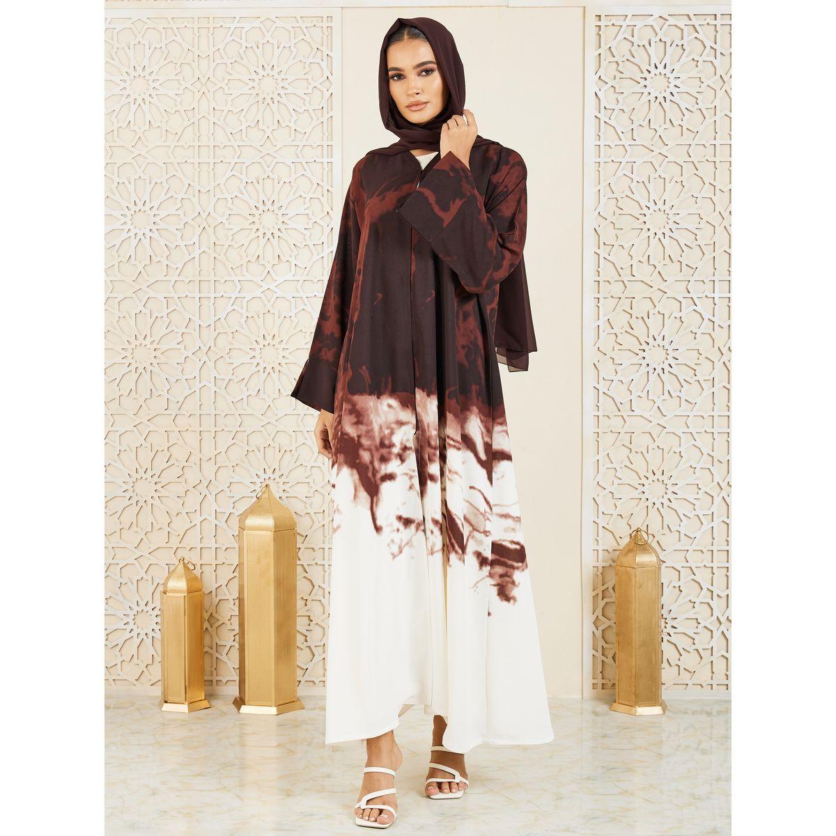 عباية مطبعة بطبعة ماربل مع زر إغلاق موديست × ستايلي-women-arabicclothing-abayas-image-1
