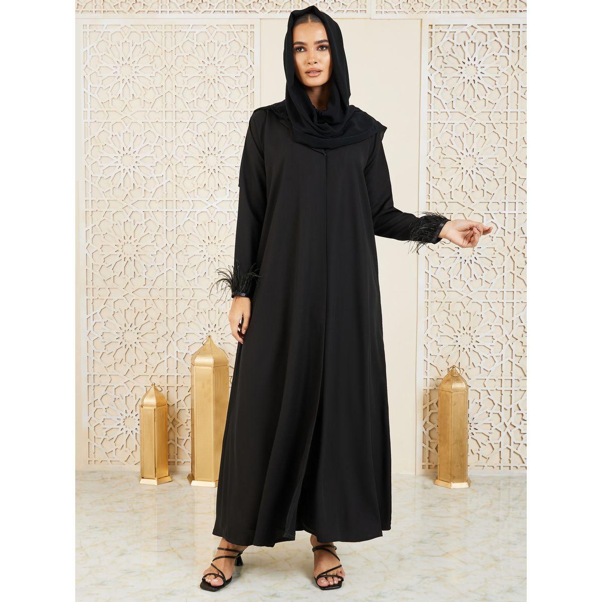 Modiste X Styli  Faux Feather Hem Button Closure Abaya-women-arabicclothing-abayas-image-1