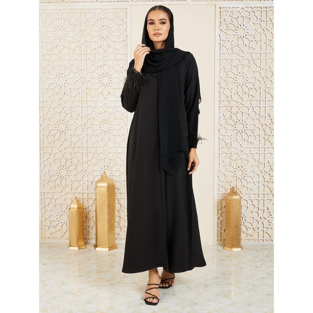 Modiste X Styli  Faux Feather Hem Button Closure Abaya-women-arabicclothing-abayas-image-2