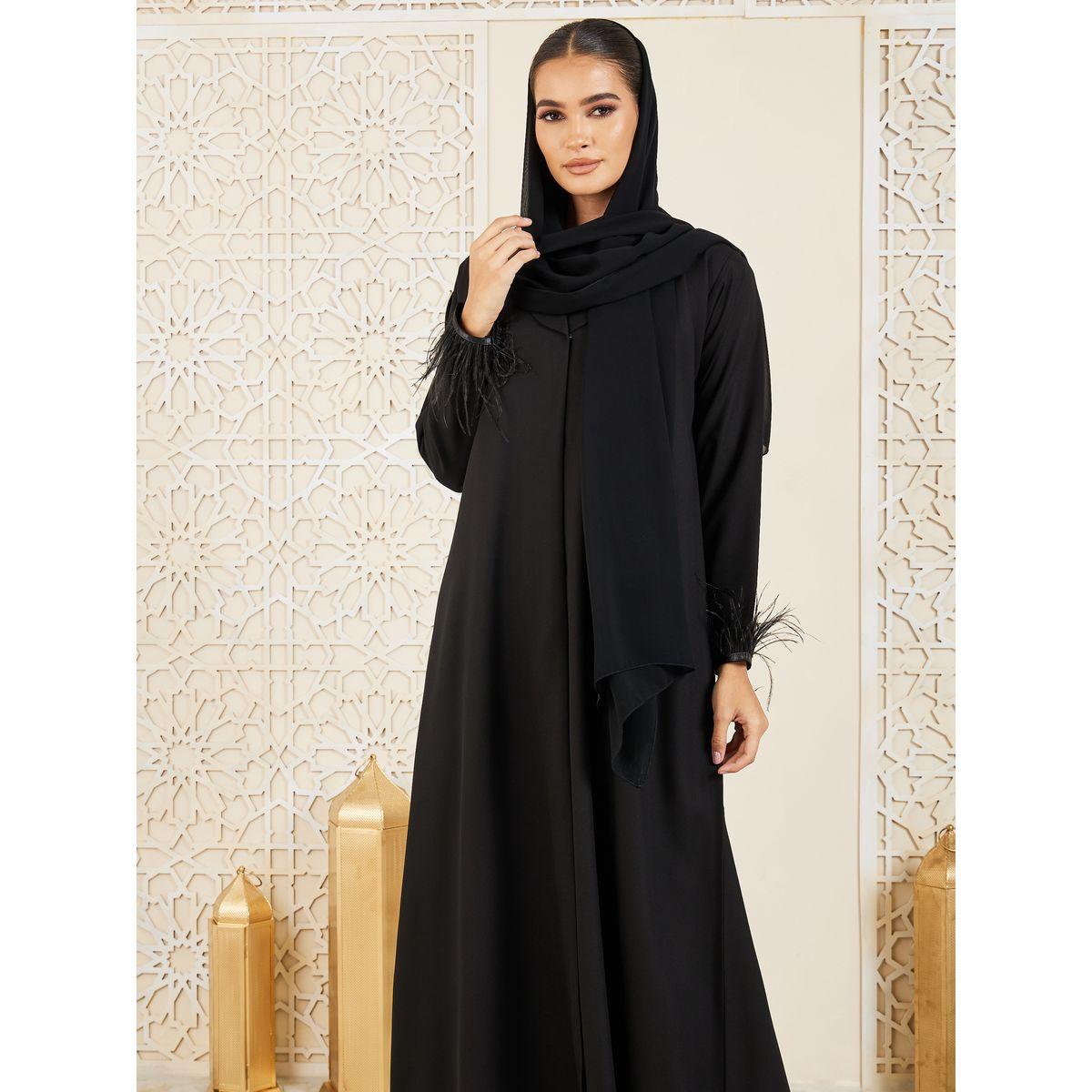 Modiste X Styli  Faux Feather Hem Button Closure Abaya-women-arabicclothing-abayas-image-3