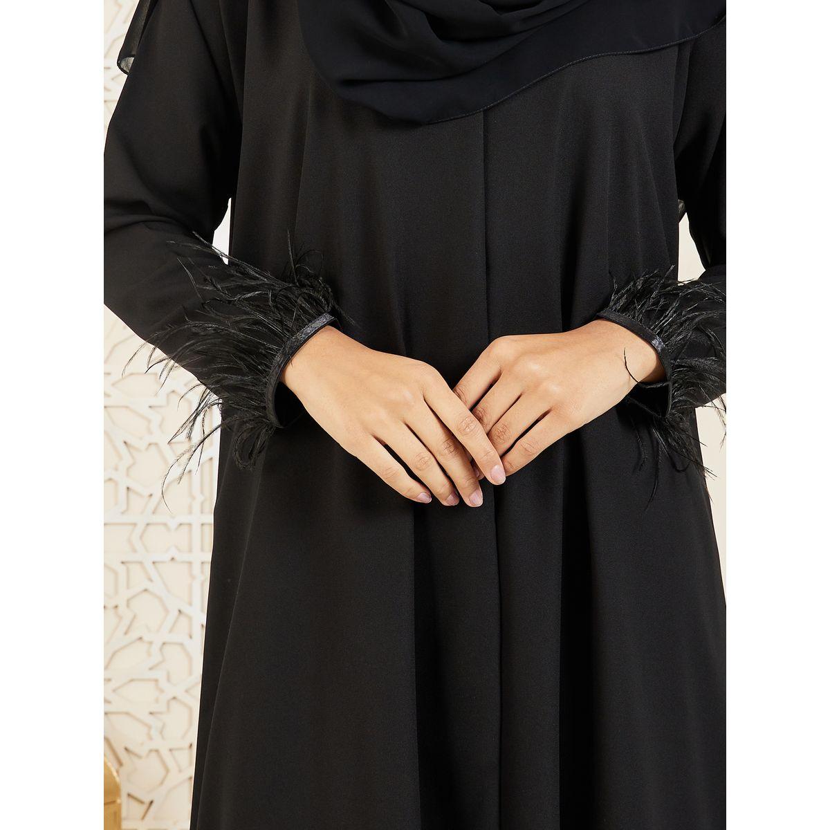 Modiste X Styli  Faux Feather Hem Button Closure Abaya-women-arabicclothing-abayas-image-4