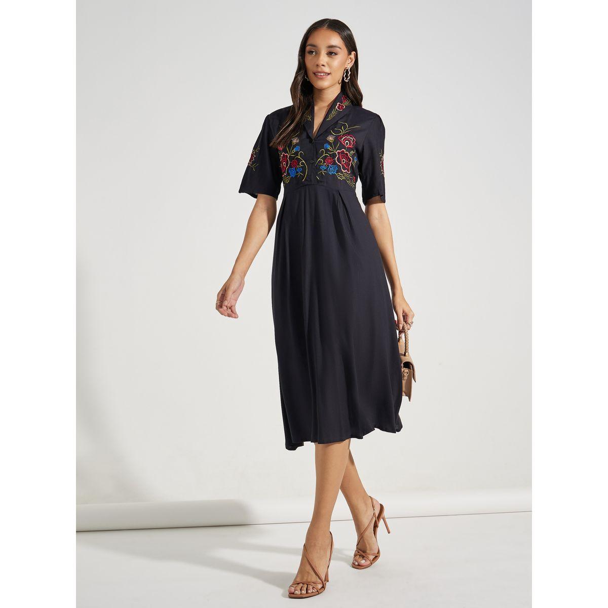 Styli Embroidered Panel Collared A-Line Midi Dress-women-clothing-dresses-image-1