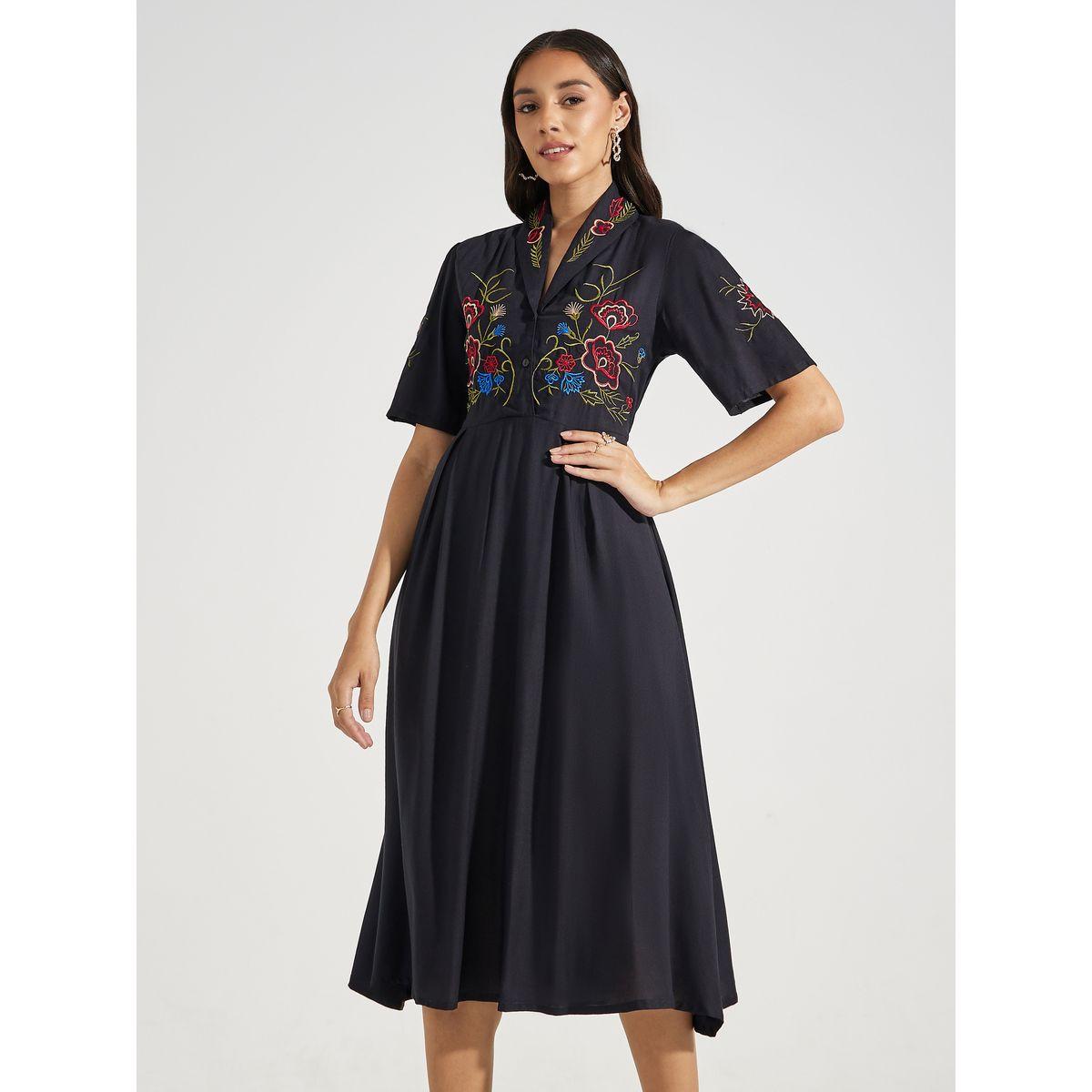 Styli Embroidered Panel Collared A-Line Midi Dress-women-clothing-dresses-image-2