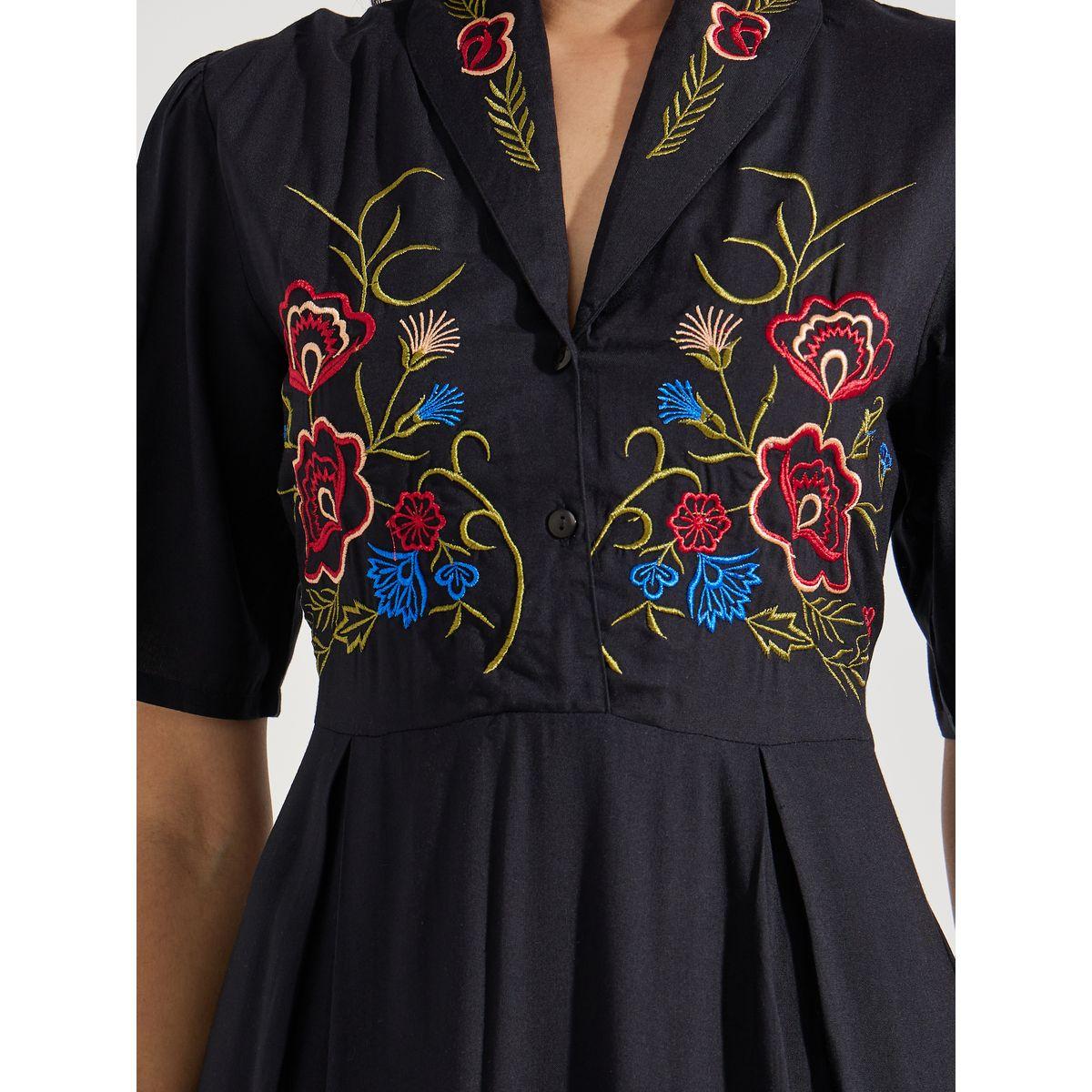 Styli Embroidered Panel Collared A-Line Midi Dress-women-clothing-dresses-image-3