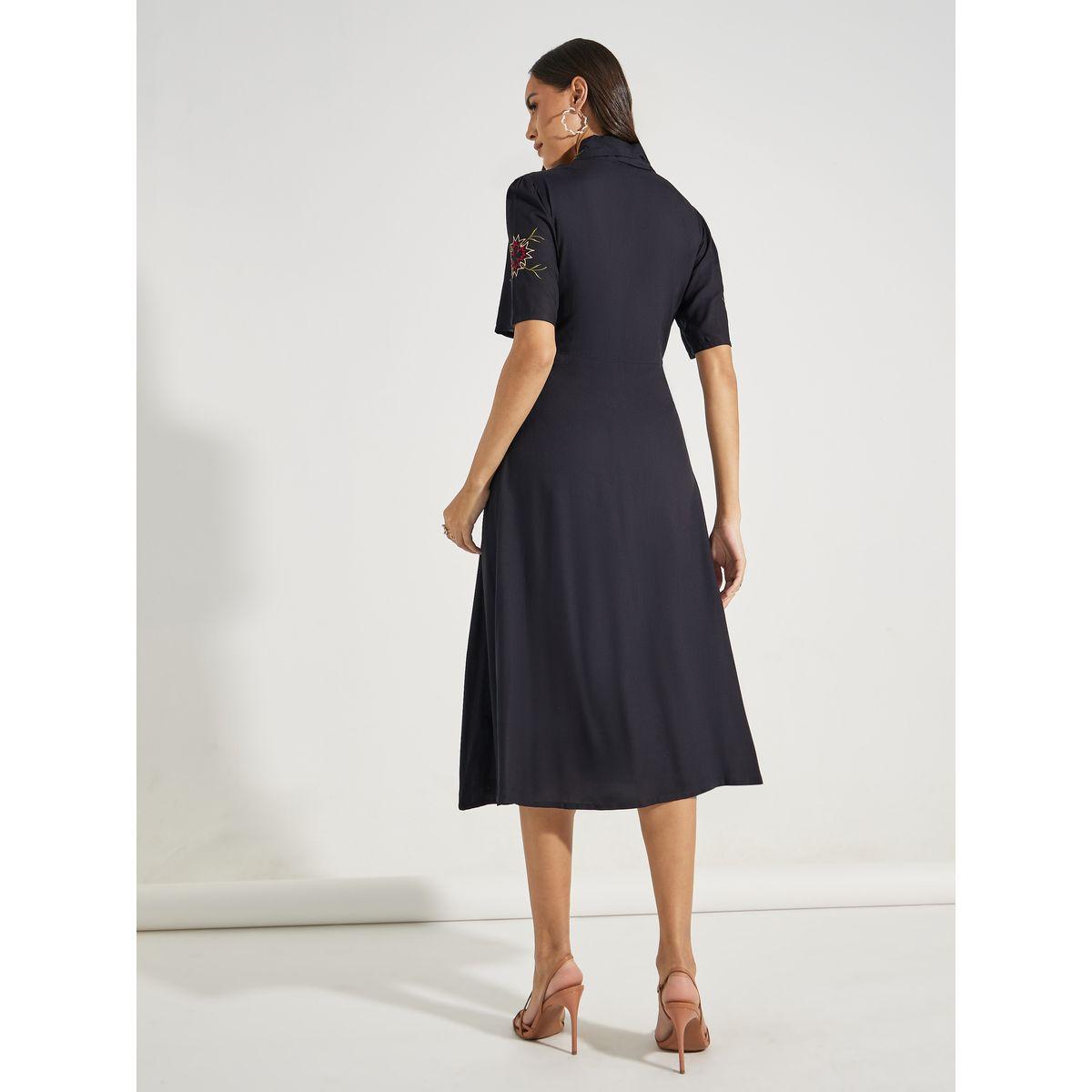 Styli Embroidered Panel Collared A-Line Midi Dress-women-clothing-dresses-image-4