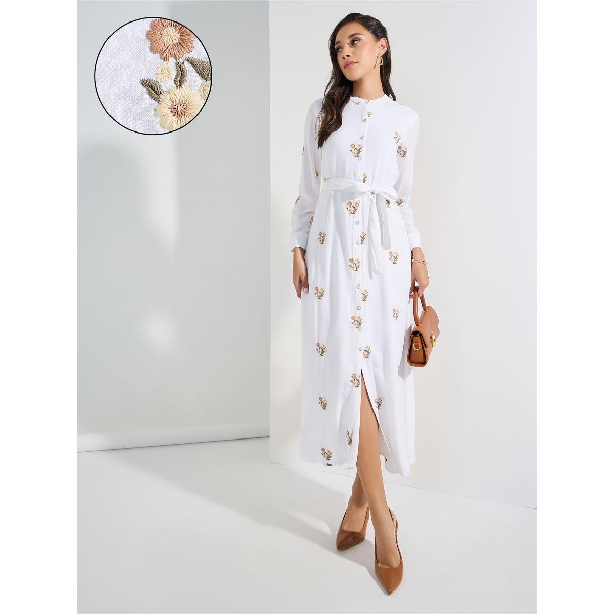 Styli Floral Embroidery Shirt Maxi Dress with Tie Belt-women-clothing-dresses-image-1