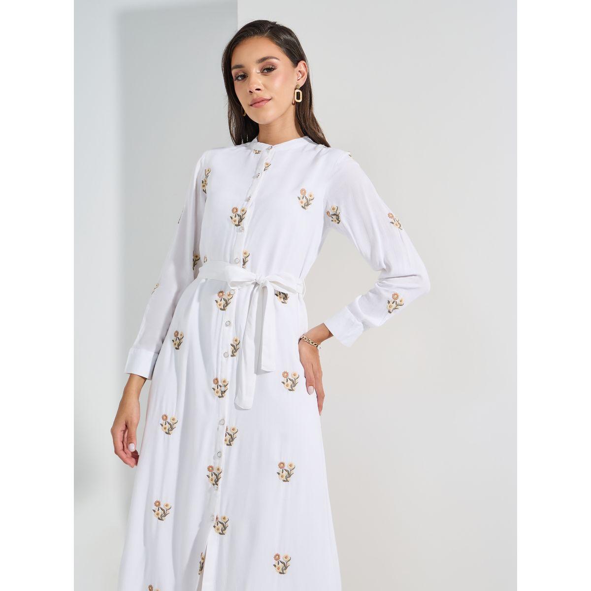 Styli Floral Embroidery Shirt Maxi Dress with Tie Belt-women-clothing-dresses-image-2