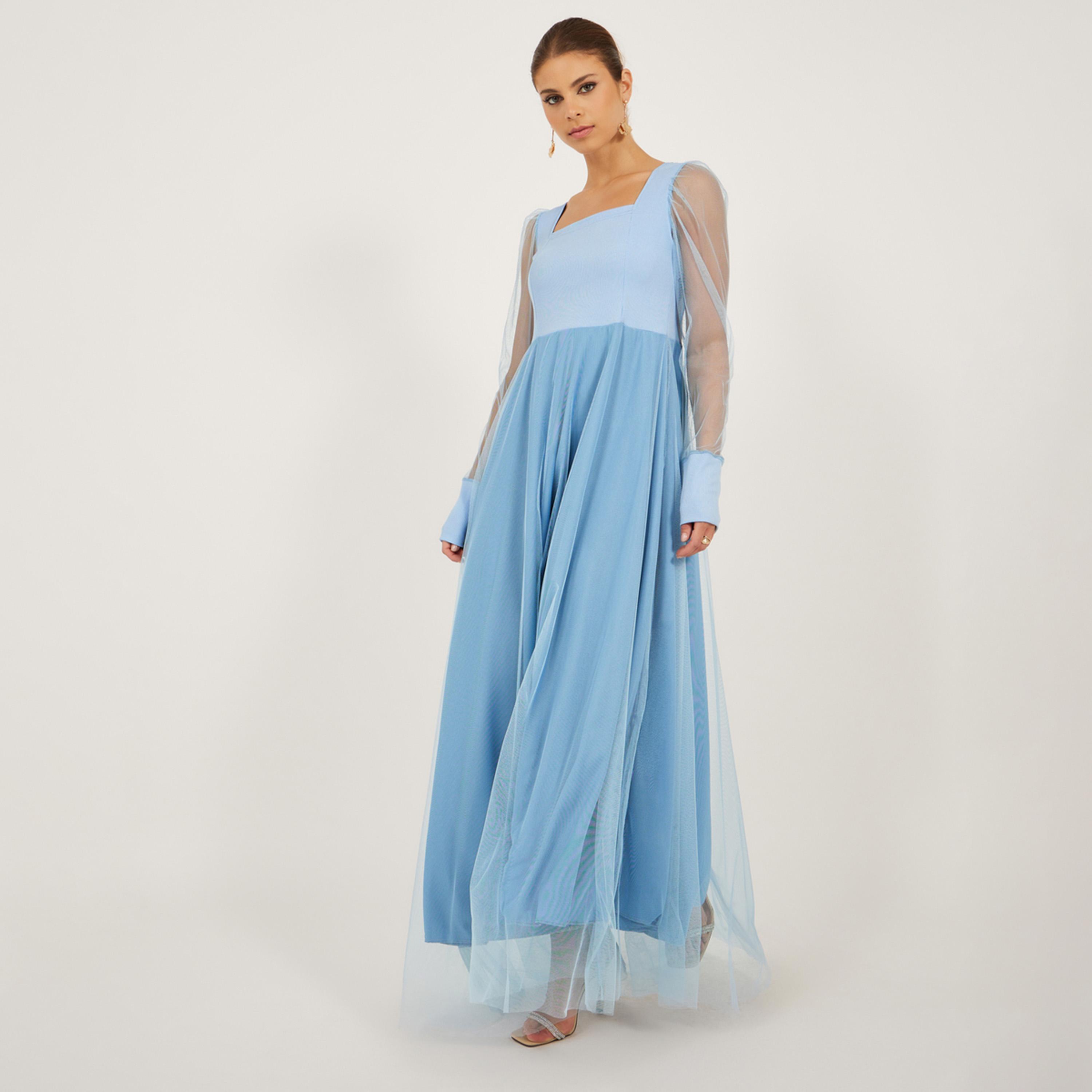 ستايلي - فستان ماكسي سادة بأكمام طويلة ورقبة مربعة-women-clothing-dresses-image-1