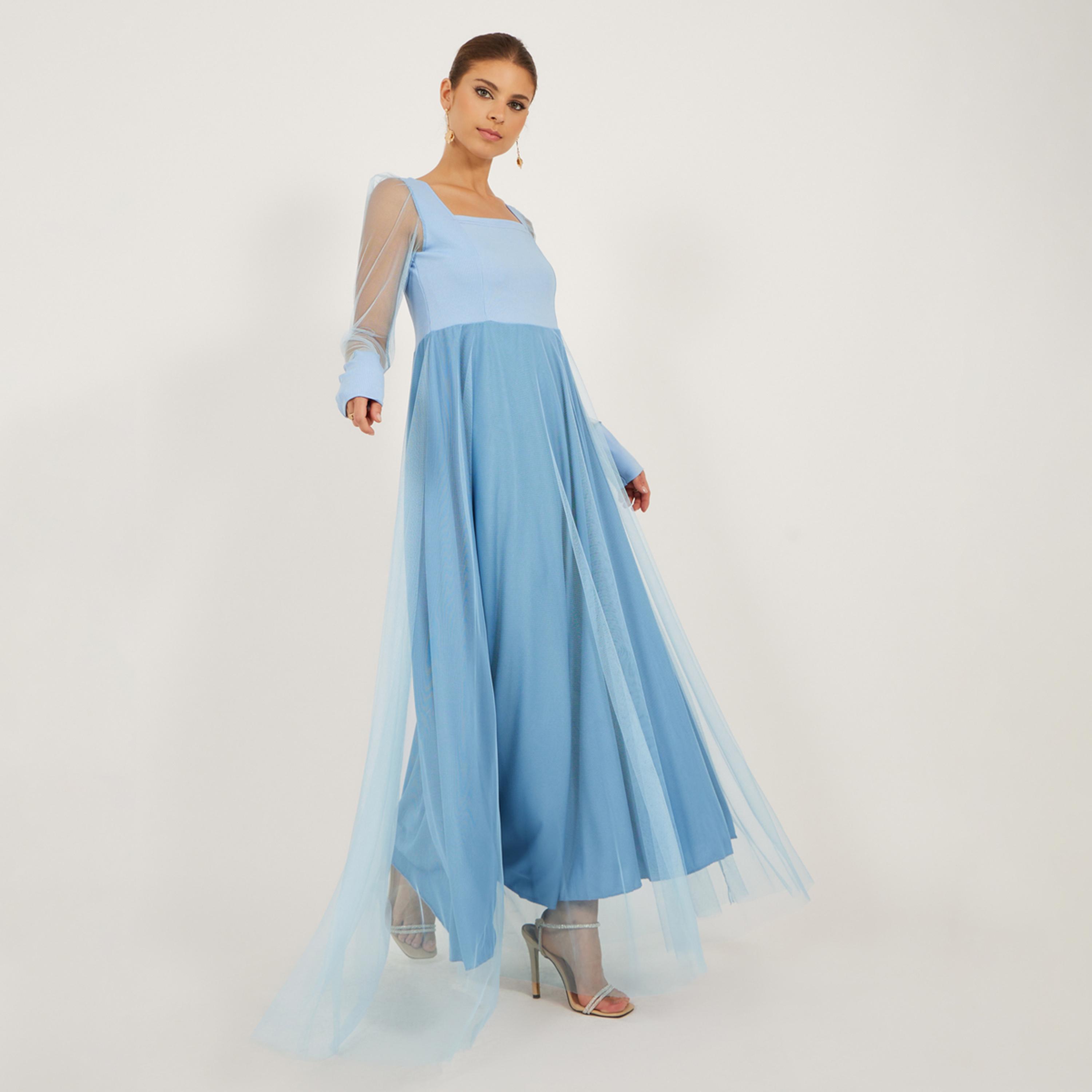 Styli Plain Square Neck Cuffed Long Sleeves A-Line Maxi Dress-women-clothing-dresses-image-2