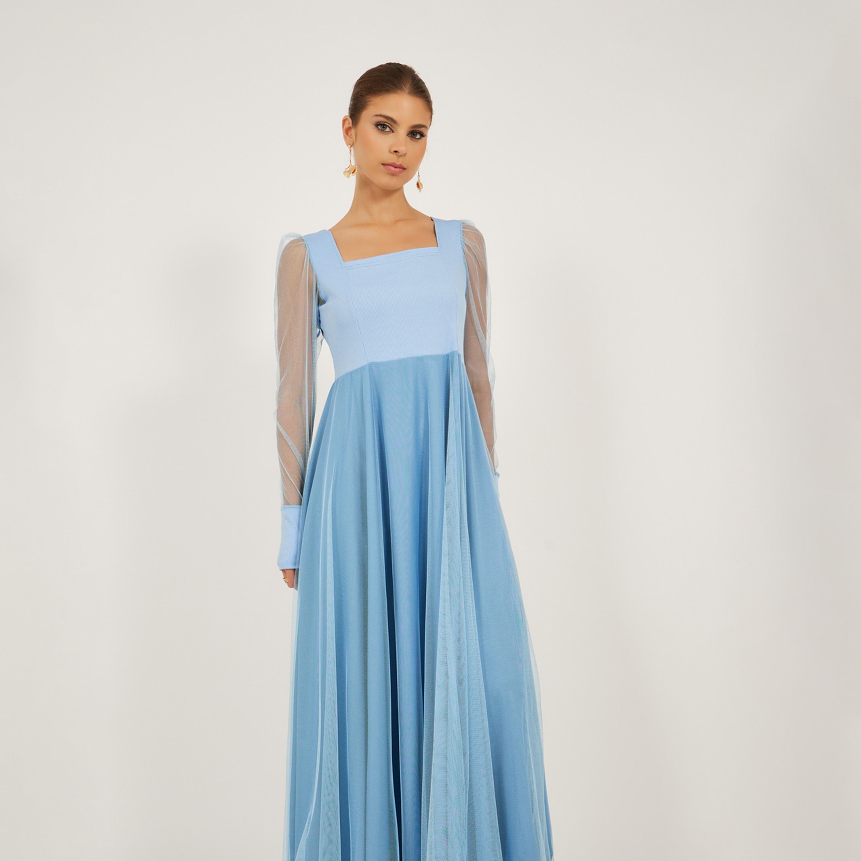 Styli Plain Square Neck Cuffed Long Sleeves A-Line Maxi Dress-women-clothing-dresses-image-3