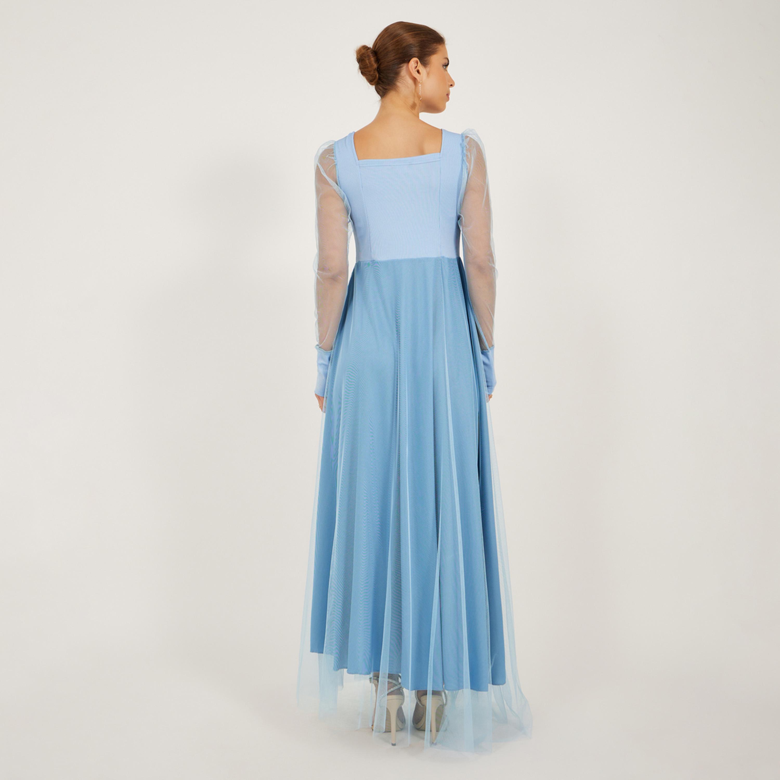 Styli Plain Square Neck Cuffed Long Sleeves A-Line Maxi Dress-women-clothing-dresses-image-5