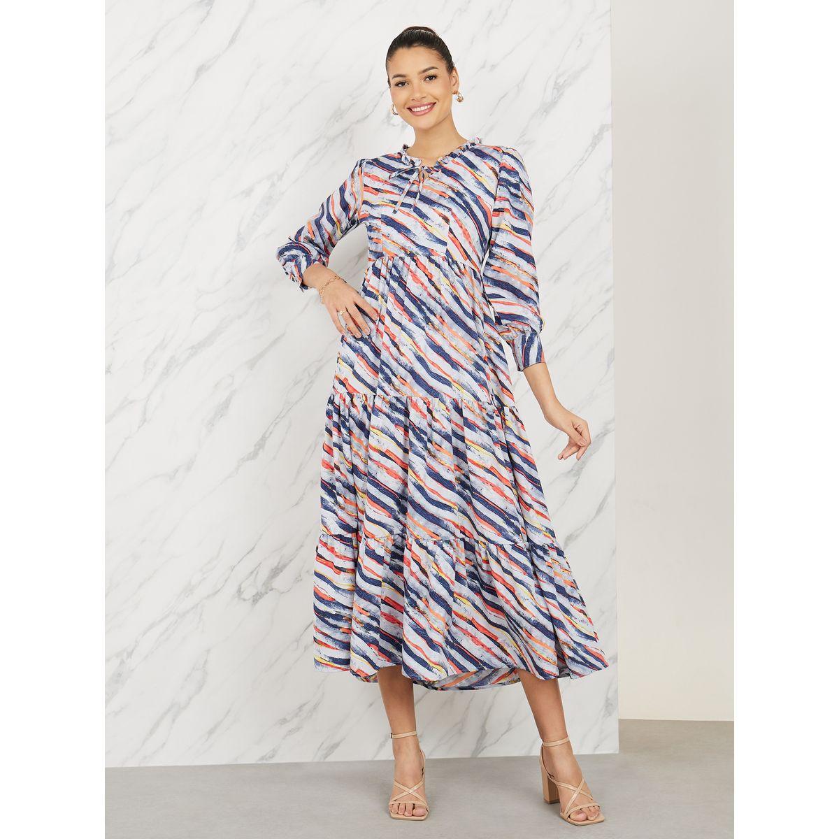 فستان ميدي بكسرات مع ياقة بأربطة-women-clothing-dresses-image-1