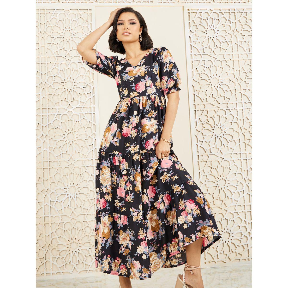 Styli Floral Print Puff Sleeves Tiered Maxi Dress-women-clothing-dresses-image-1
