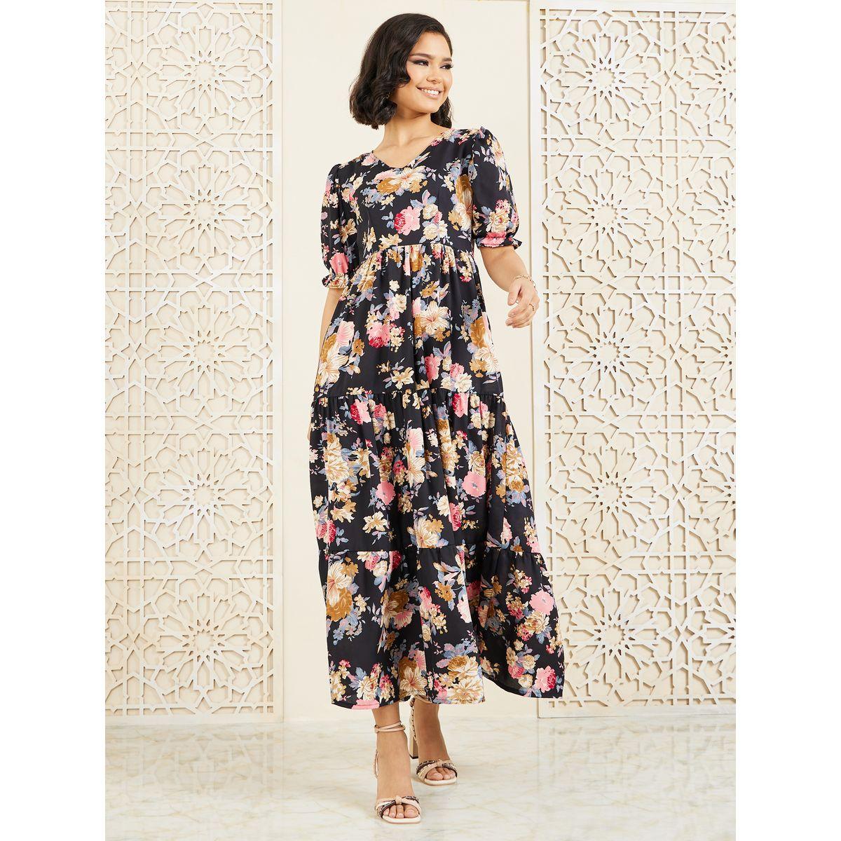 Styli Floral Print Puff Sleeves Tiered Maxi Dress-women-clothing-dresses-image-2