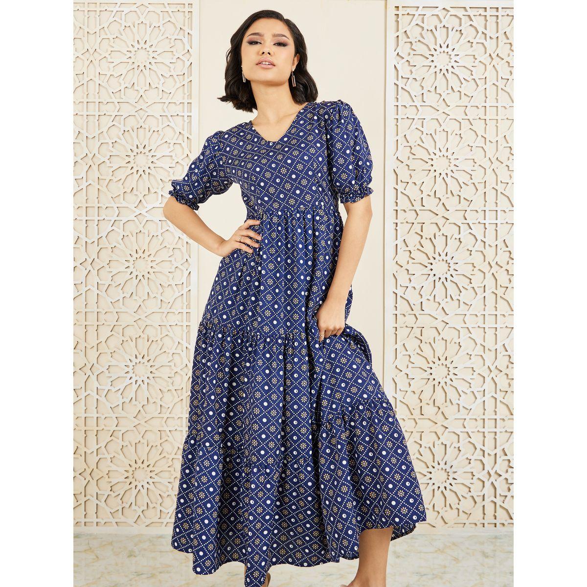 فستان طويل بكسرات وطبعة بوهيمية-women-clothing-dresses-image-1