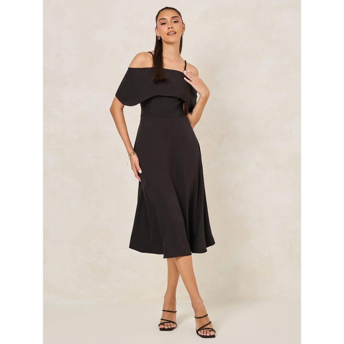 Styli Solid Cold Shoulder Sleeves Flare A-Line Midi Dress-women-clothing-dresses-image-1